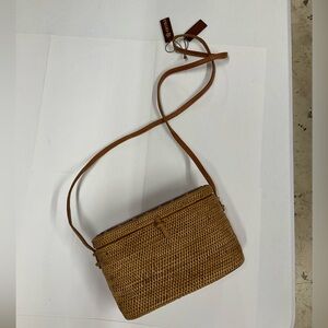 Brown Woven Rattan Crossbody Bag with Adjustable Strap